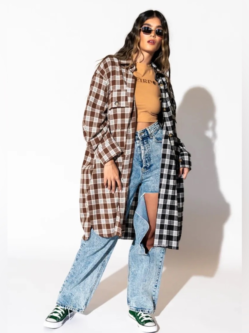 Dressed in LALA Zuri Oversized Grunge Flannel in Half + Half Mocha & Black L/XL